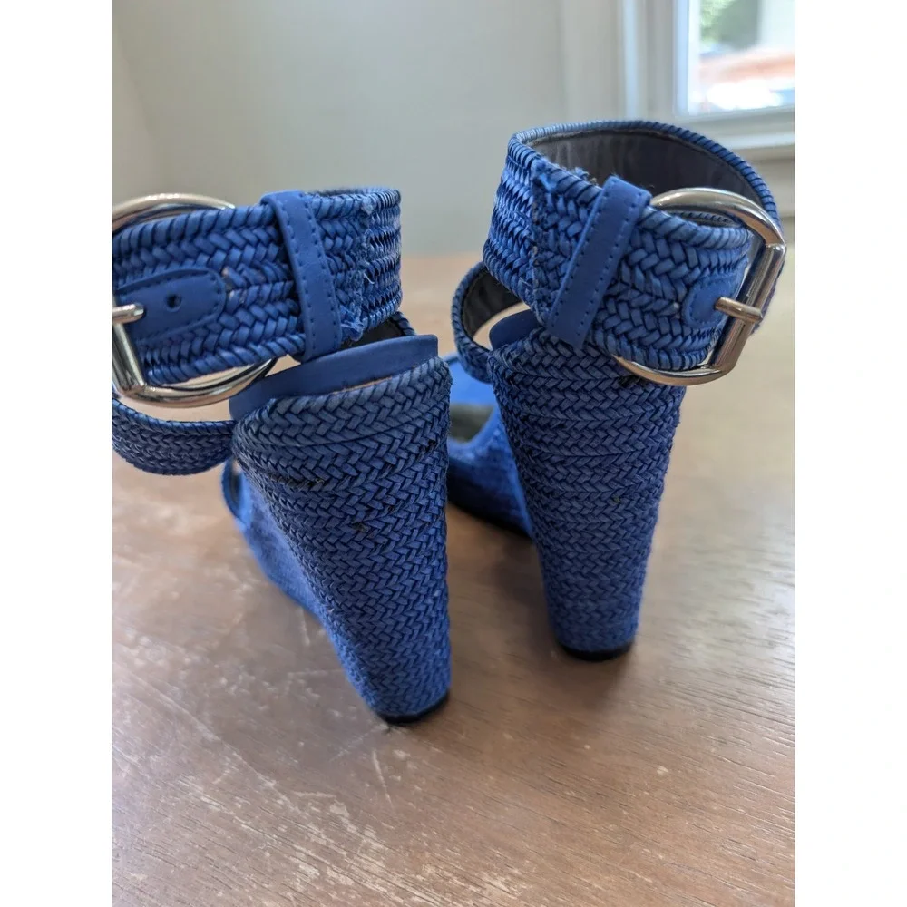 Stuart Weitzman Royal Blue Encore Woven Wedge Ankle Strap Sandals Womens 7.5 M - Picture 7 of 9